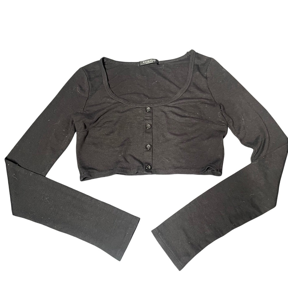 Solemio Los Angeles Black Long Sleeve Button Front Crop Top Scoop Neck Medium